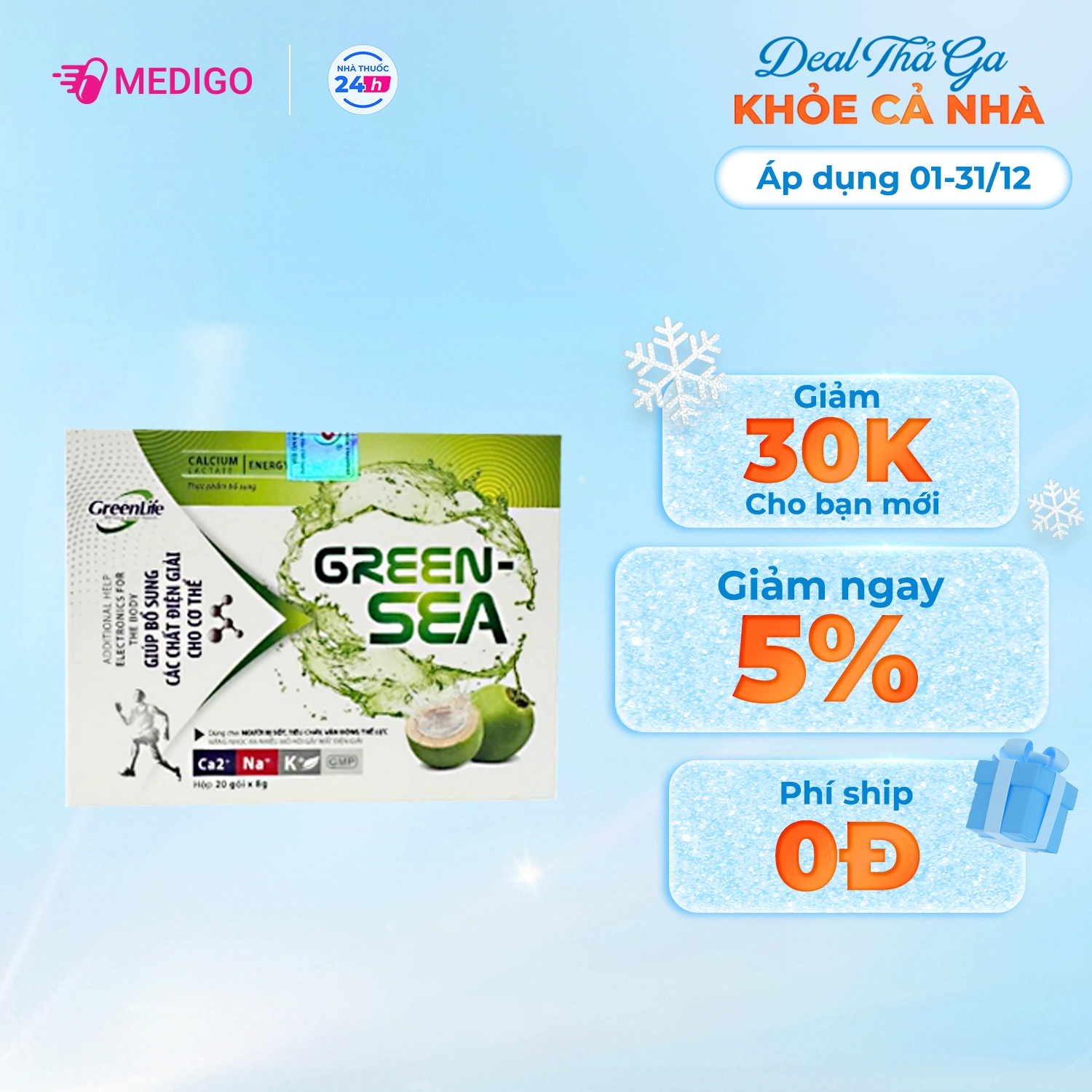 Bổ sung các chất điện giải cho cơ thể Green-Sea (Hương dừa) hộp 20 gói x 8g