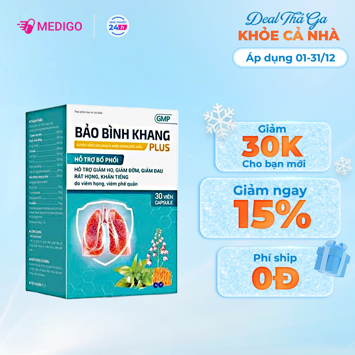 Hỗ trợ giảm ho, giảm đờm Bảo Bình Khang Plus hộp 30 viên