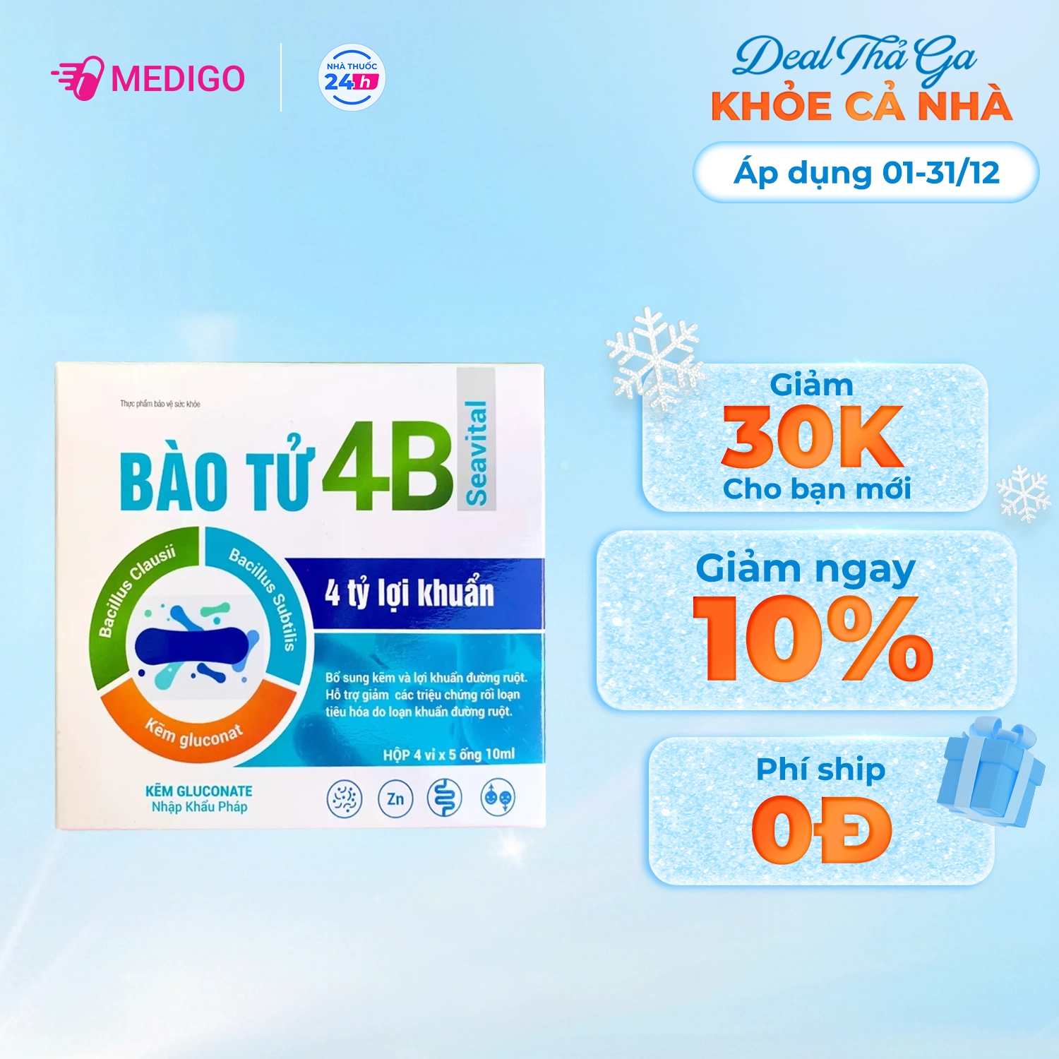 Bổ sung lợi khuẩn giúp tiêu hoá tốt BÀO TỬ 4B Seavital hộp 4 vỉ x 5 ống 10ml
