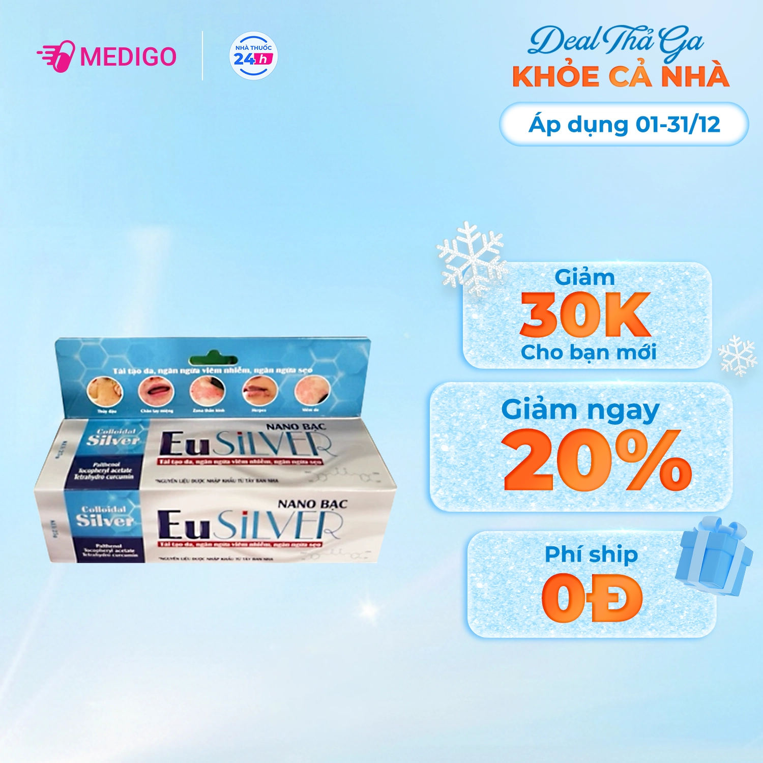 Gel bôi tái tạo da, ngăn ngừa viêm nhiễm, ngăn ngừa sẹo Nano Bạc EuSilver hộp 1 tuýp 25g