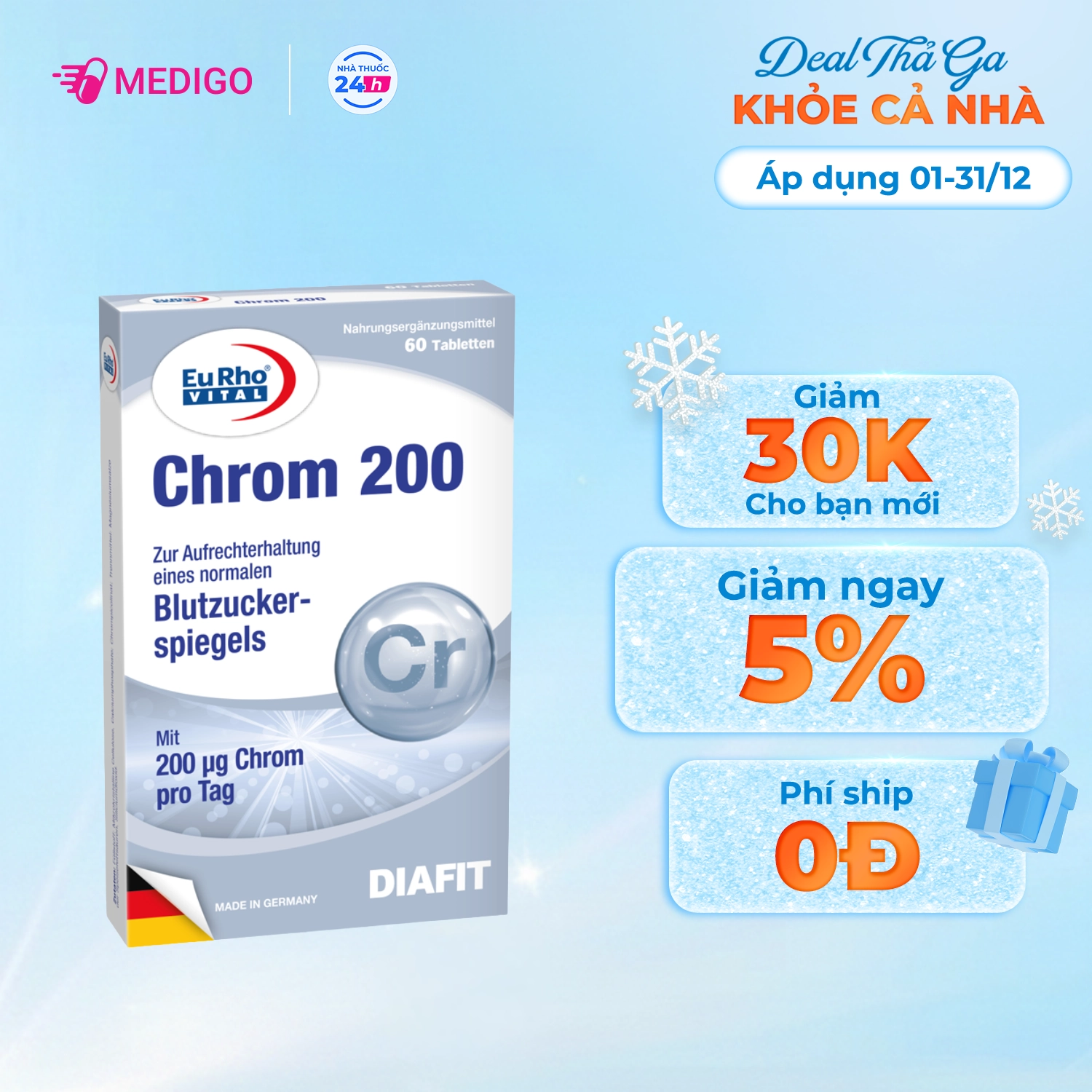 Viên uống hỗ trợ người tiểu đường EuRho Vital Chrom 200 hộp 30 viên
