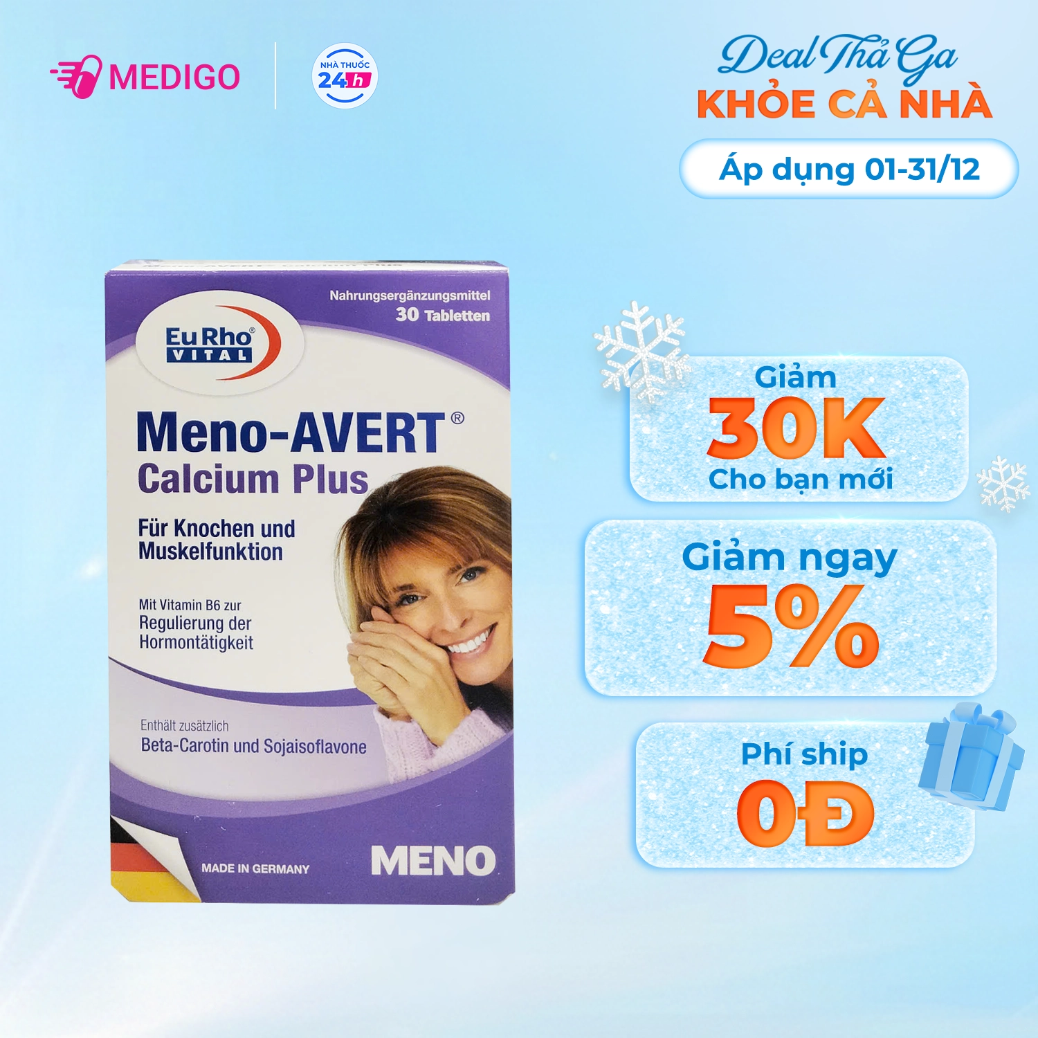 Viên uống hỗ trợ nội tiết tố nữ EuRho Vital Meno-AVERT Calcium Plus hộp 30 viên