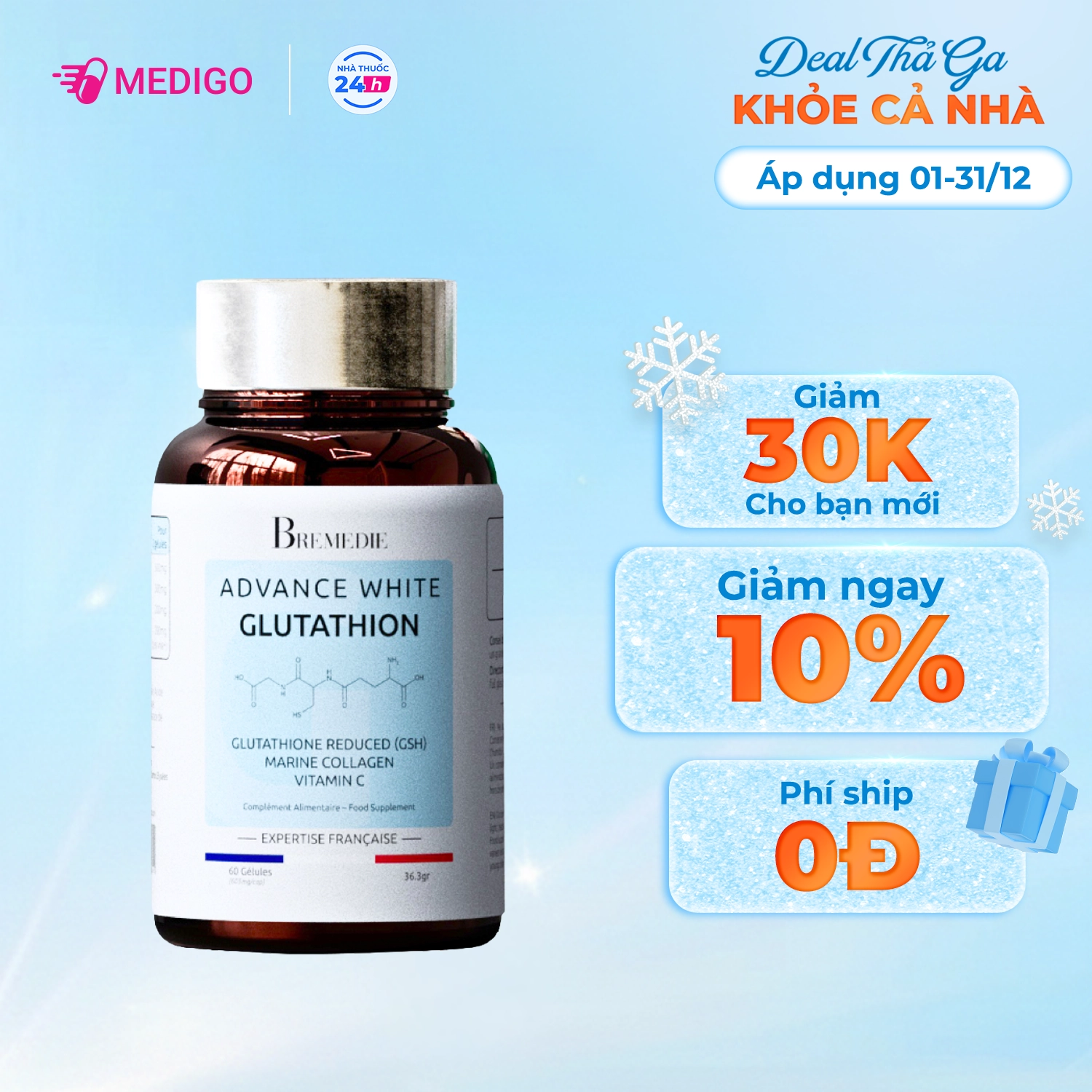 Viên uống đẹp da  Advance White Glutathion hộp 60 viên