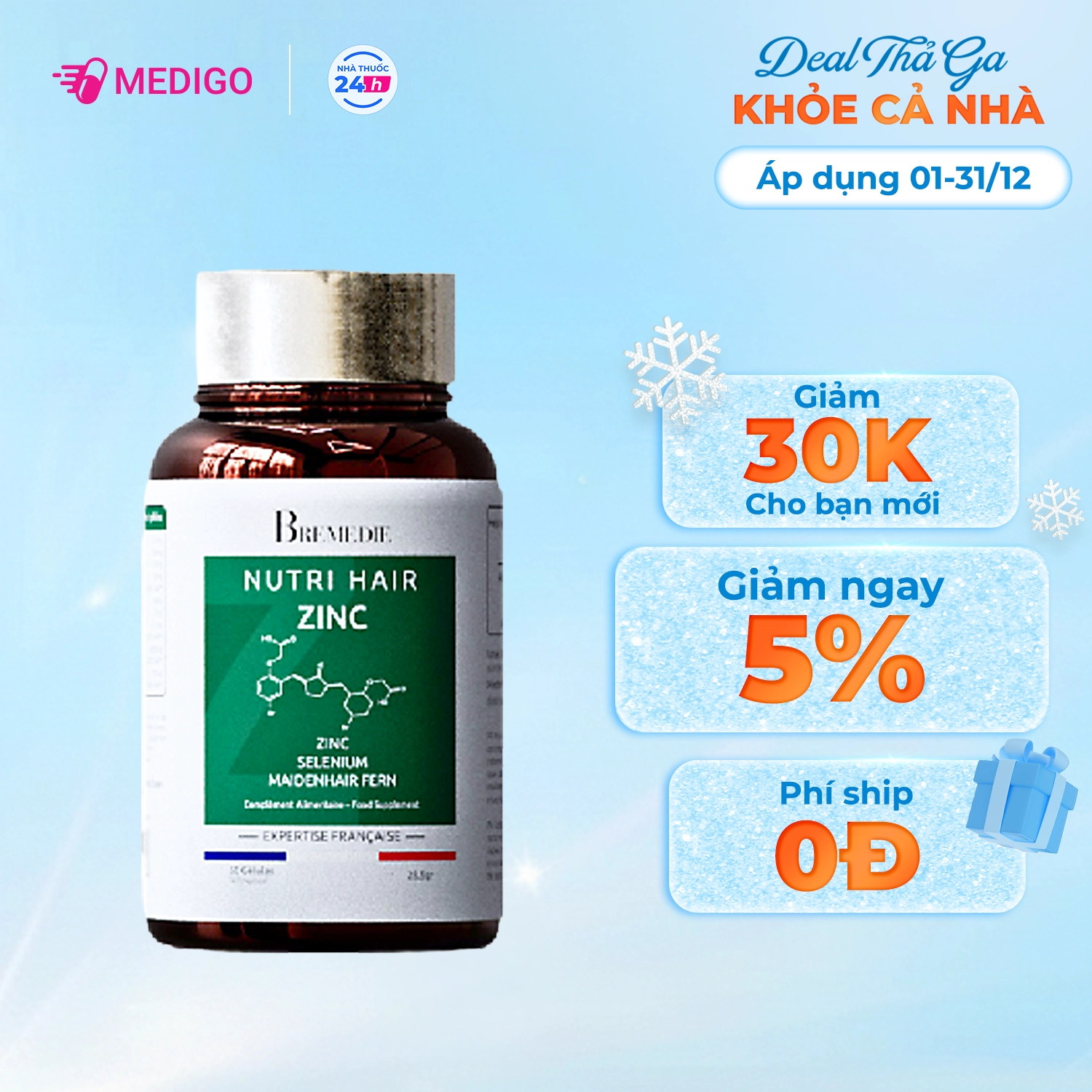 Viên uống giảm rụng tóc, duy trì tóc chắc khỏe Bremedie Nutri Hair ZinC hộp 60 viên