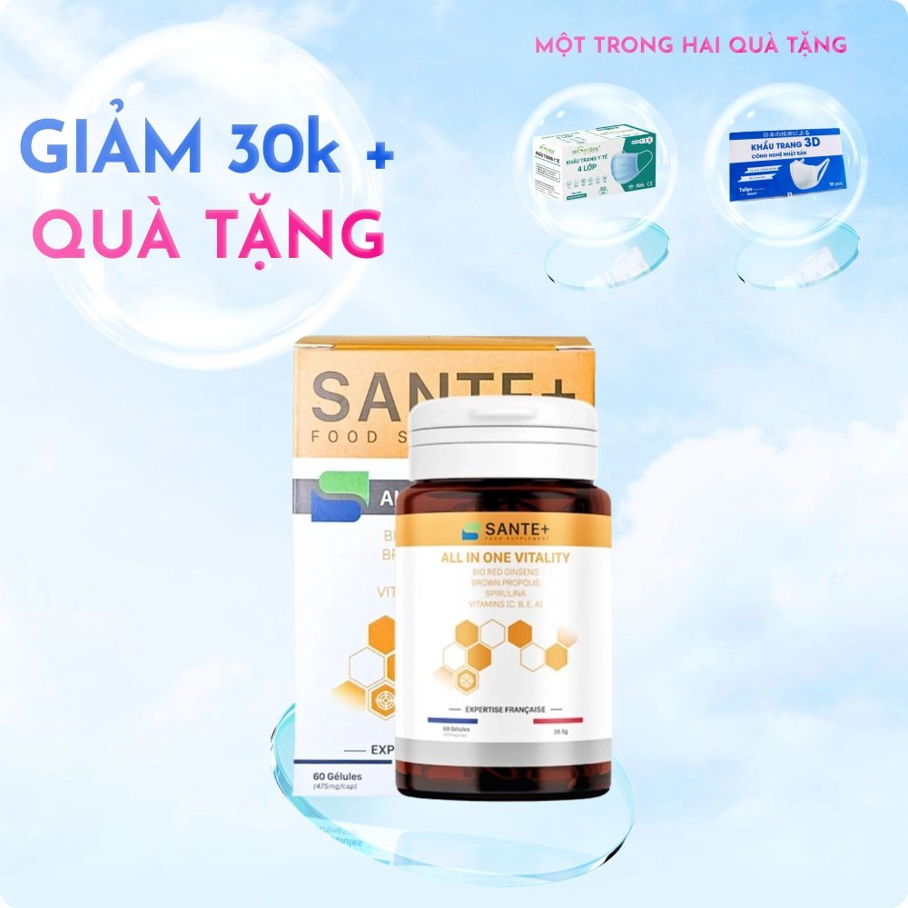 Combo KM viên uống chống oxy hóa tăng đề kháng ALL IN ONE VITALITY - SANTE+ hộp 60 viên + tặng 1 hộp khẩu trang 50 cái