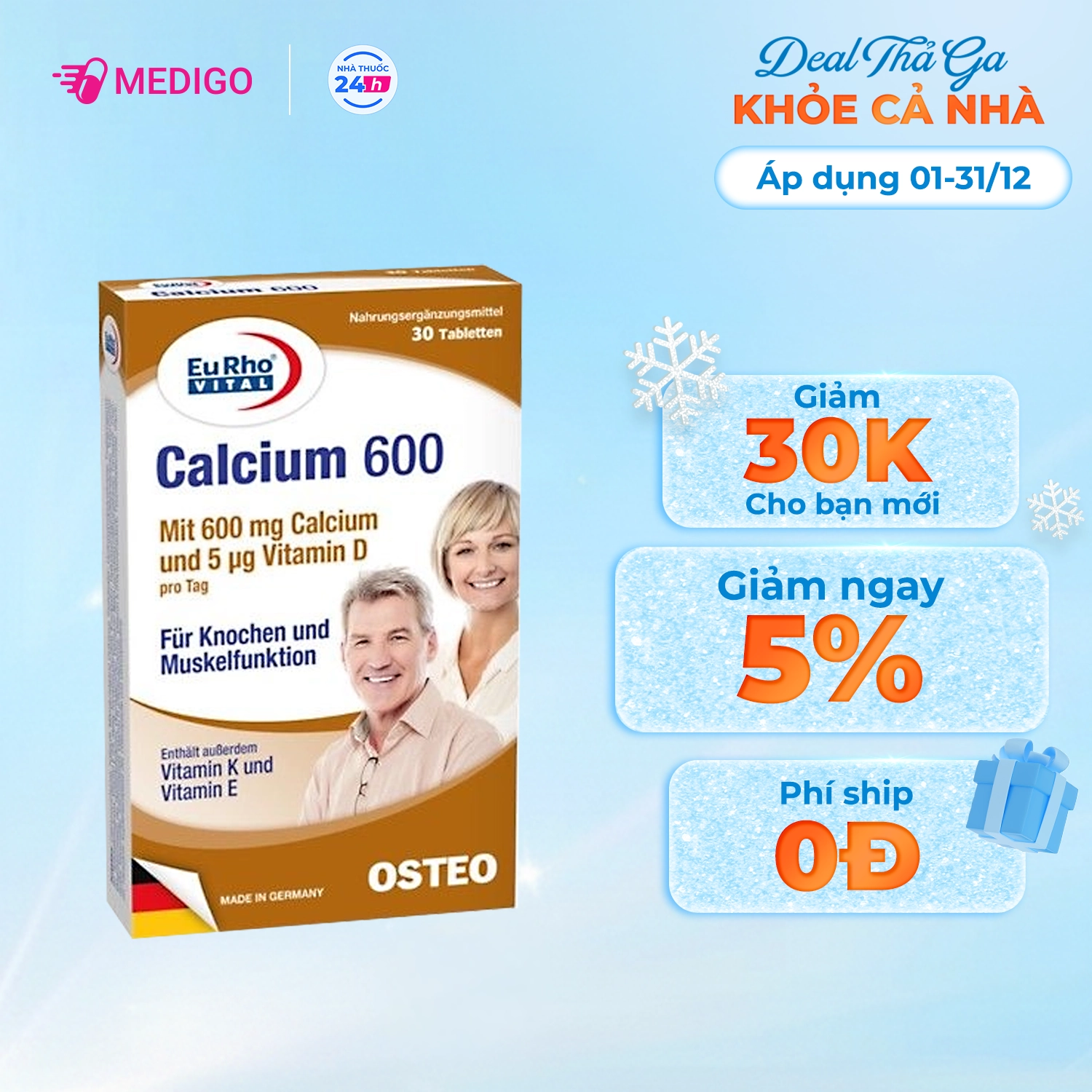 Viên uống bổ sung Calci, Vitamin D EuRho Vital Calcium 600 hộp 30 viên