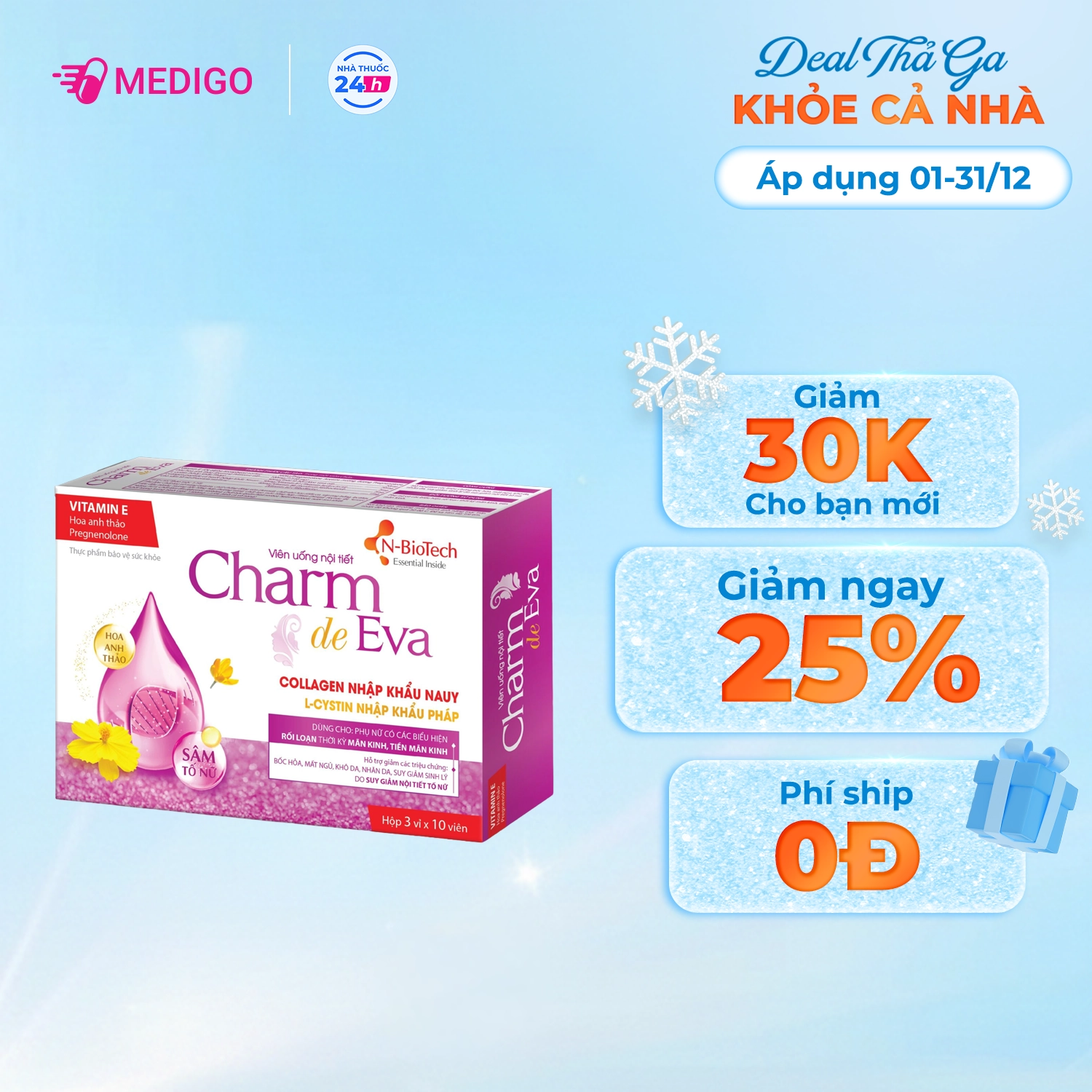 Viên uống hỗ trợ suy giảm nội tiết tố nữ Charm de Eva N-BioTech hộp 30 viên