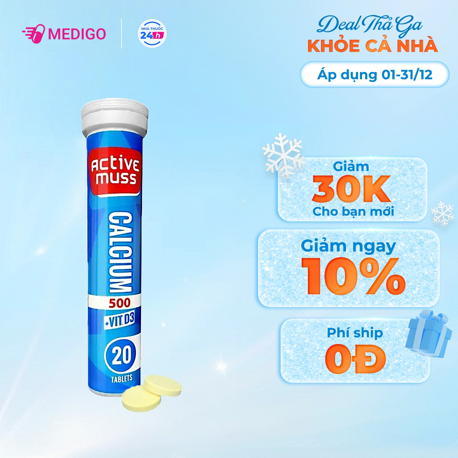 Bổ sung Calci, Vitamin D Calcium 500 Vit D3 Active muss tuýp 20 viên