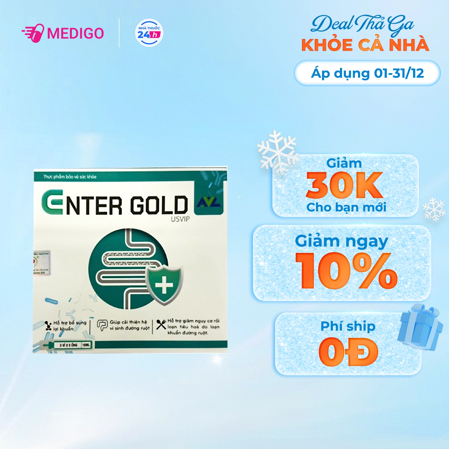 Bổ sung lợi khuẩn đường ruột Enter Gold USVIP hộp 3 vỉ x 5 ống x 10ml