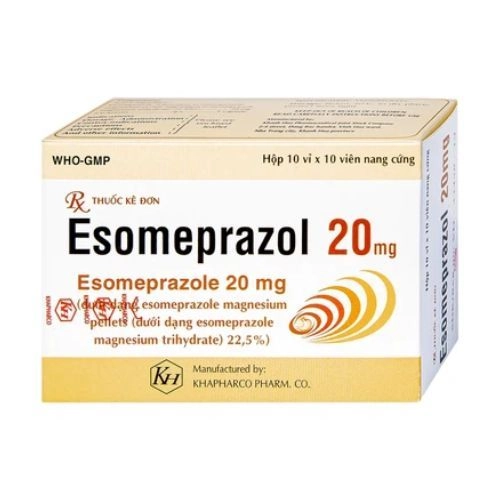 Thuốc điều trị loét dạ dày - tá tràng Esomeprazol 20mg Khapharco hộp 10 vỉ x 10 viên