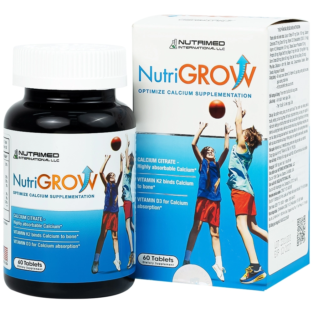 Bổ sung canxi, vitamin D3, vitamin K2, hấp thu canxi NutriGrow Nutrimed hộp 60 viên