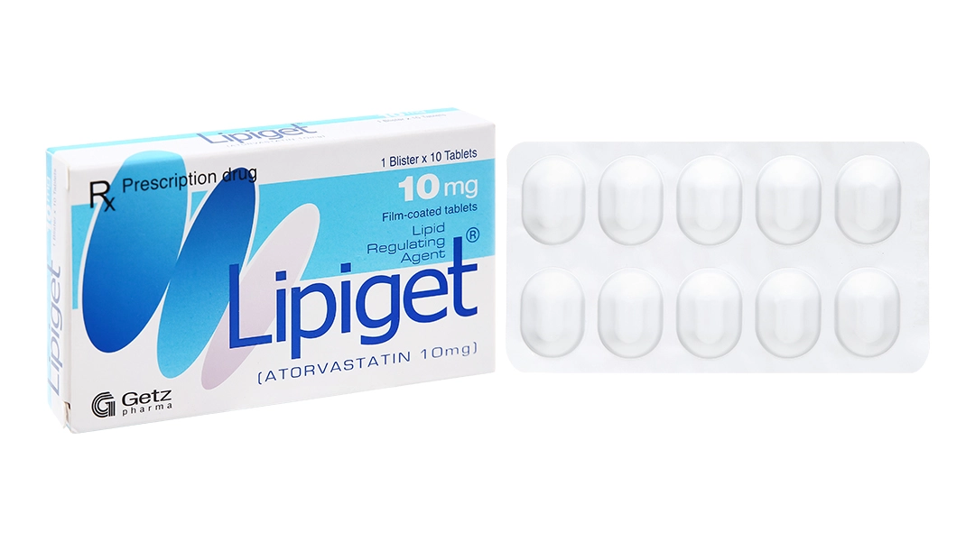 Thuốc hạ mỡ máu Lipiget 10mg Getz hộp 1 vỉ x 10 viên