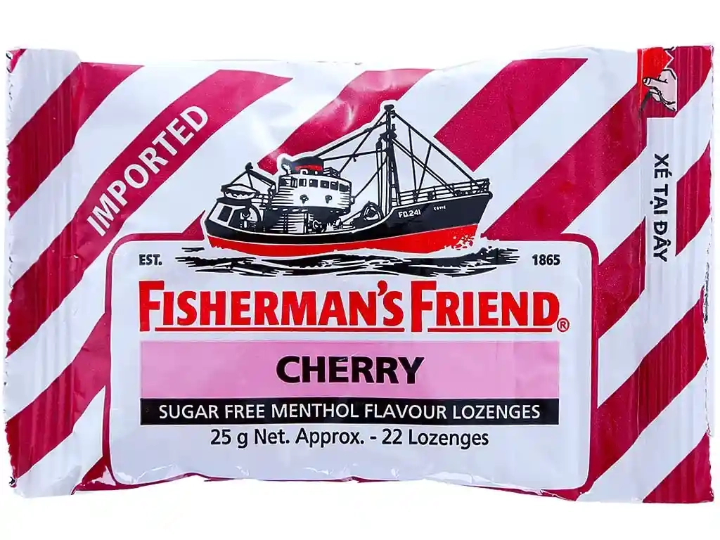 Kẹo cay con tàu (màu hồng) không đường Vị Cherry Fisherman's Friend  (CHERRY) hộp 24 gói x 25g