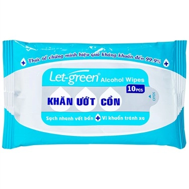 Tác dụng làm sạch và diệt khuẩn trên bề mặt khăn ướt cồn Let-Green gói 10 miếng