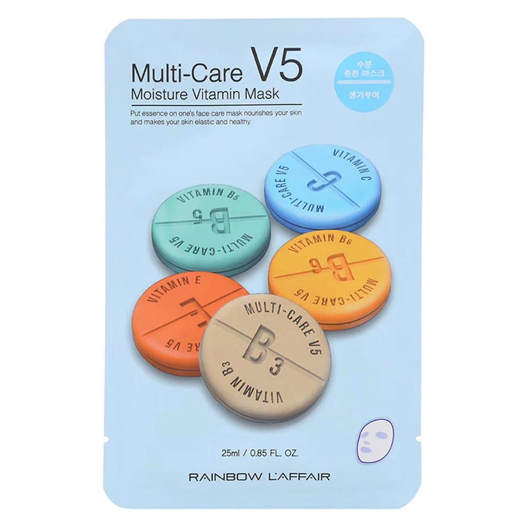 Mặt nạ cấp ẩm, ngăn ngừa lão hóa, trắng da Rainbow L'affair Multi - care V5 Moisture Vitamin Mask (màu xanh - dành cho da khô, xỉn màu) hộp 10 miếng