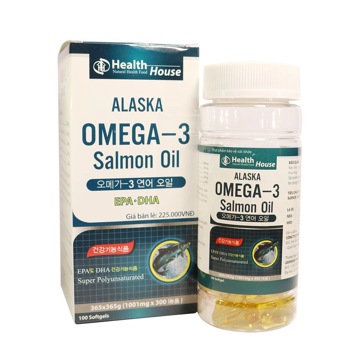 Viên uống dầu cá Alaska Omega-3 Salmon Oil (Health House) hộp 1 lọ 100 viên nang mềm