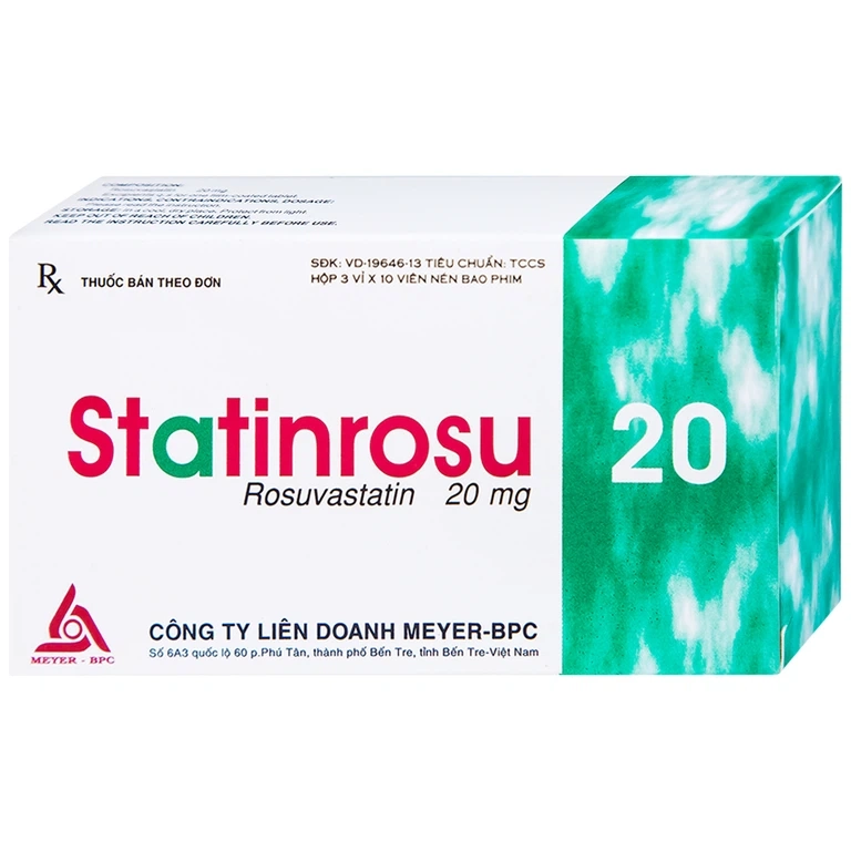 Điều trị tăng cholesterol máu nguyên phát Statinrosu 20 Meyer hộp 3 vỉ x 10 viên