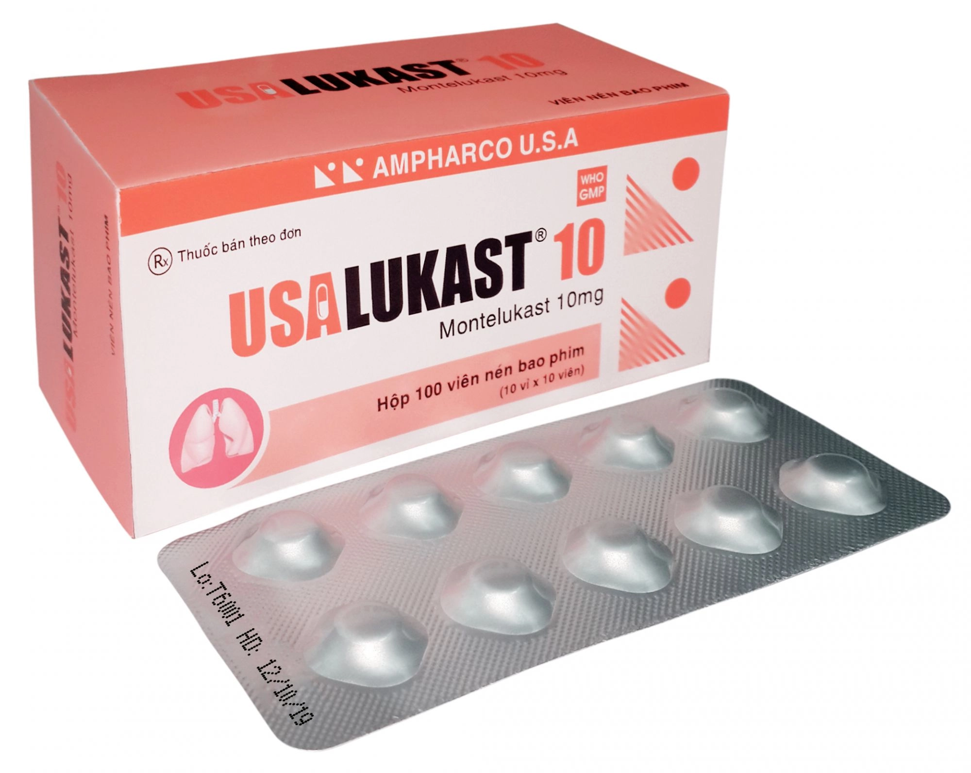 Thuốc điều trị hen suyễn, co thắt phế quản USALUKAST 10 Ampharco U.S.A hộp 10 vỉ x 10 viên nén bao phim