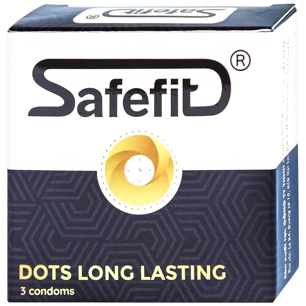 Có vòng gân, hạt nổi, thắt chống tuột bao cao su Safefit Dots Long Lasting S52 hộp 3 cái