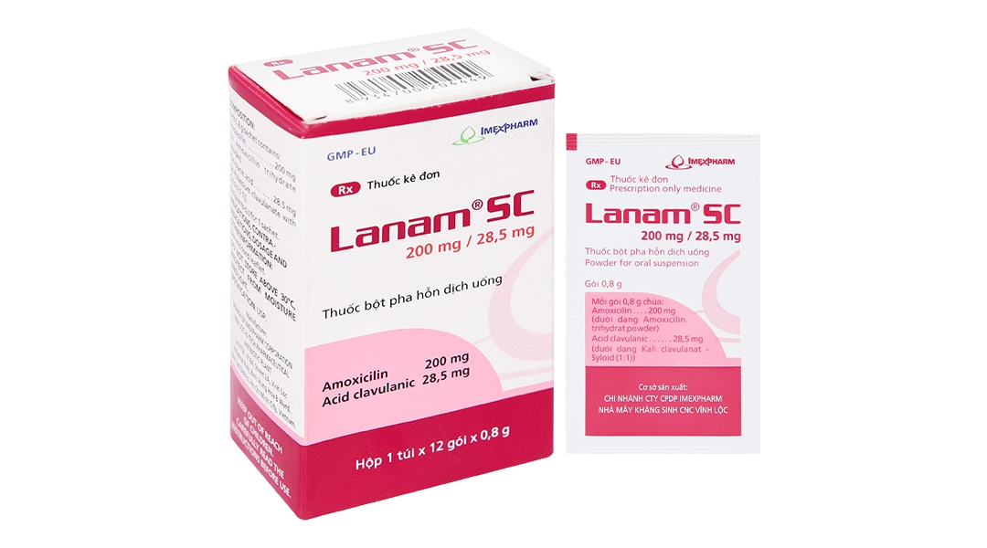 Bột pha hỗn dịch uống Lanam SC 200mg/28,5mg hộp 12 gói x 0,8g