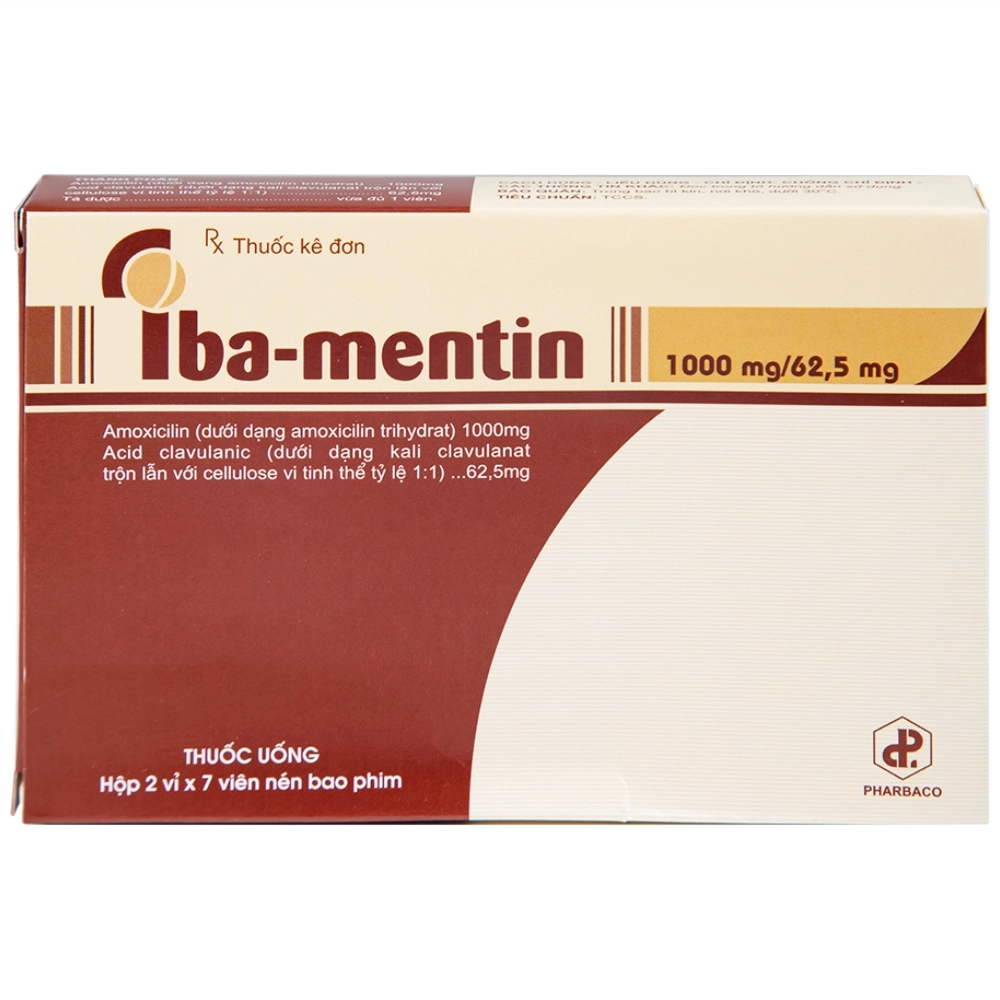 Thuốc kháng sinh Iba-Mentin 1000/62.5 mg hộp 2 vỉ x 7 viên