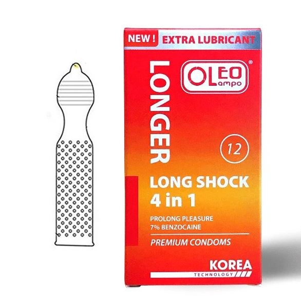 Bao cao su kéo dài thời gian Oleo Lampo LONG SHOCK 4 in 1 hộp 12 cái