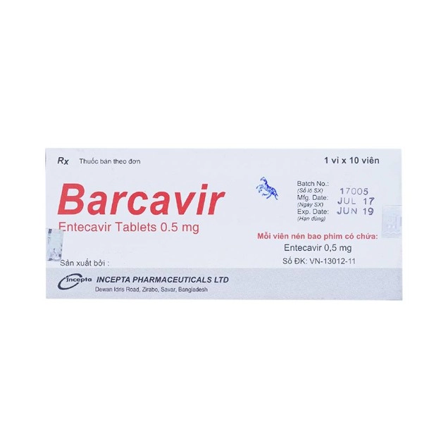 Điều trị nhiễm virus viêm gan B mạn tính Barcavir 0.5mg Incepta hộp 1 vỉ x 10 viên