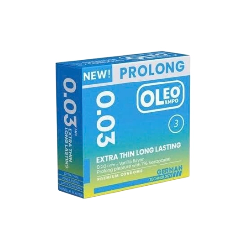 Bao cao su kéo dài thời gian Oleo Lampo Prolong 003 Extra Thin Long Lasting hộp 3 cái