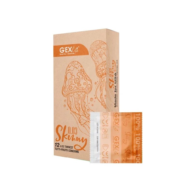Bao cao su GEXlife Skinny 0,03 có gel bôi trơn (cam) hộp 12 cái