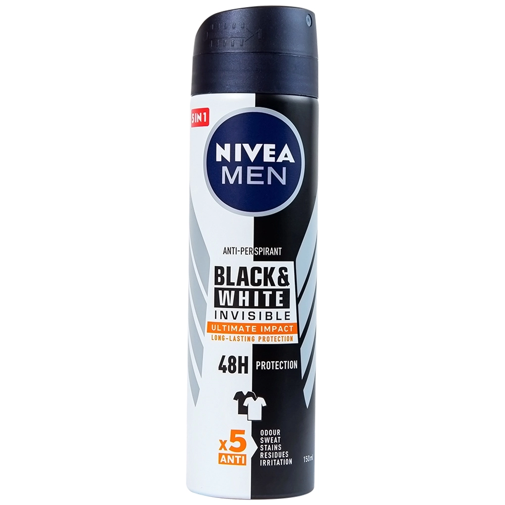 Xịt ngăn mùi giảm vết ố vàng, mồ hôi và mùi trong 48h Nivea Men Black & White Invisible Ultimate Impact chai x 150ml
