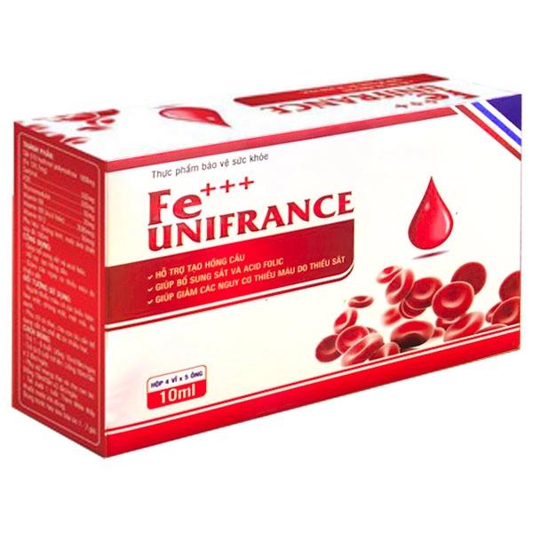 Hỗ trợ tạo hồng cầu, bổ sung sắt và acid folic Fe+++ Unifrance hộp 4 vỉ x 5 ống x 10ml