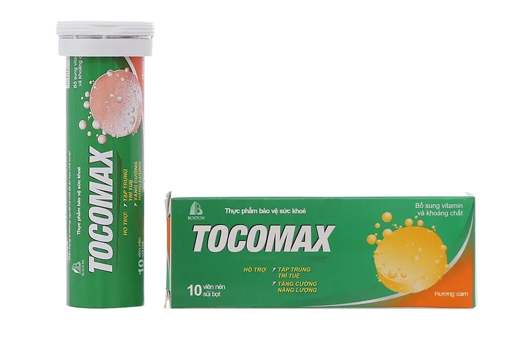 Bổ sung vitamin và khoáng chất TOCOMAX hương cam hộp 1 tuýp 10 viên nén sủi bọt