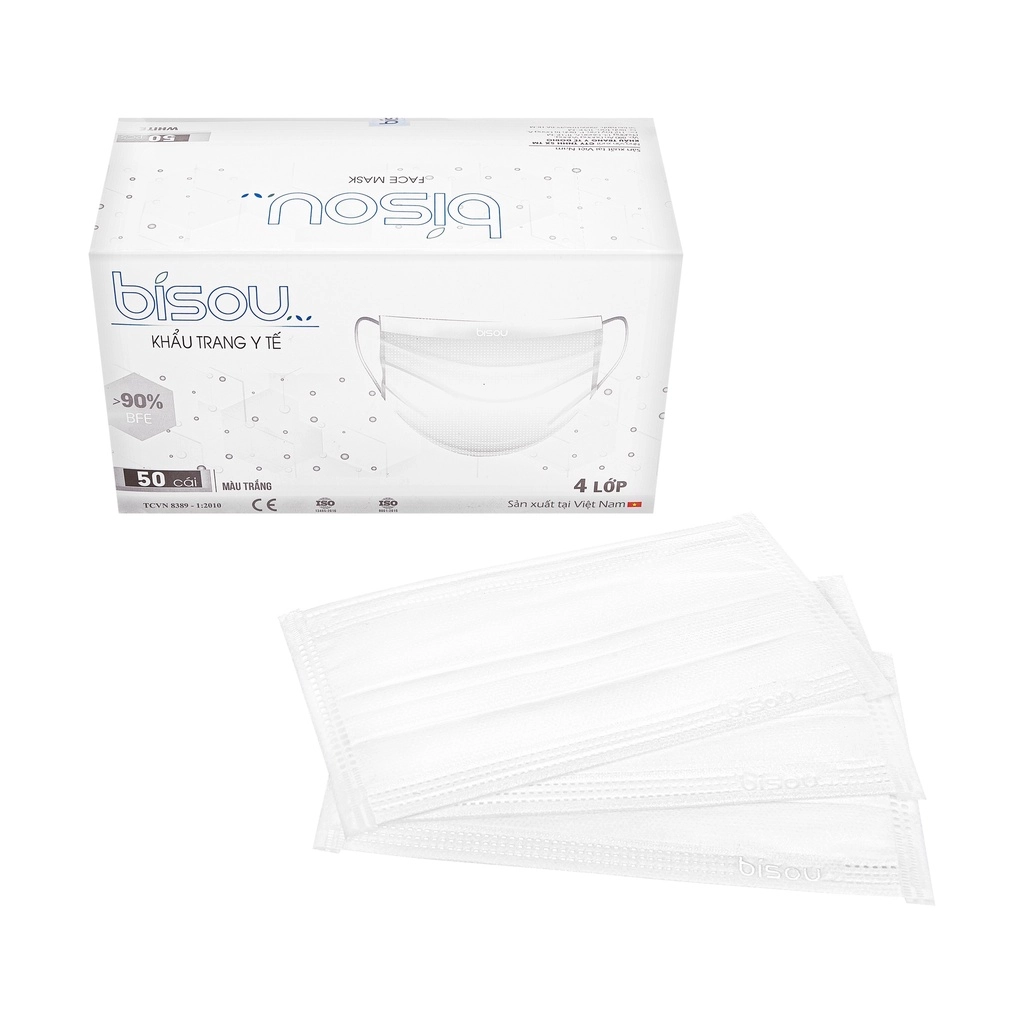 Khẩu trang y tế 4 lớp Bisou (trắng) hộp 50 cái