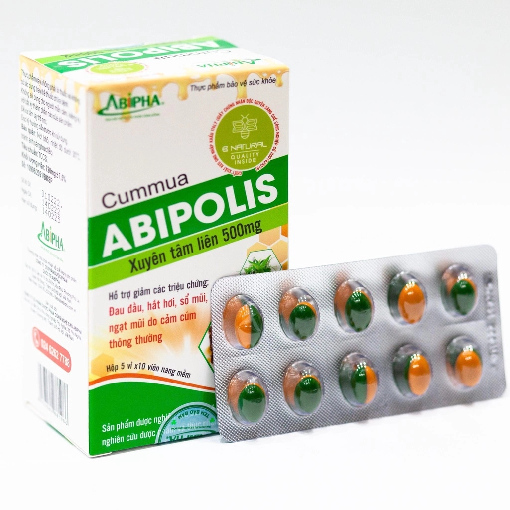 Hỗ trợ cảm cúm Cummua Abipolis Xuyên Tâm Liên hộp 5 vỉ x 10 viên nang mềm