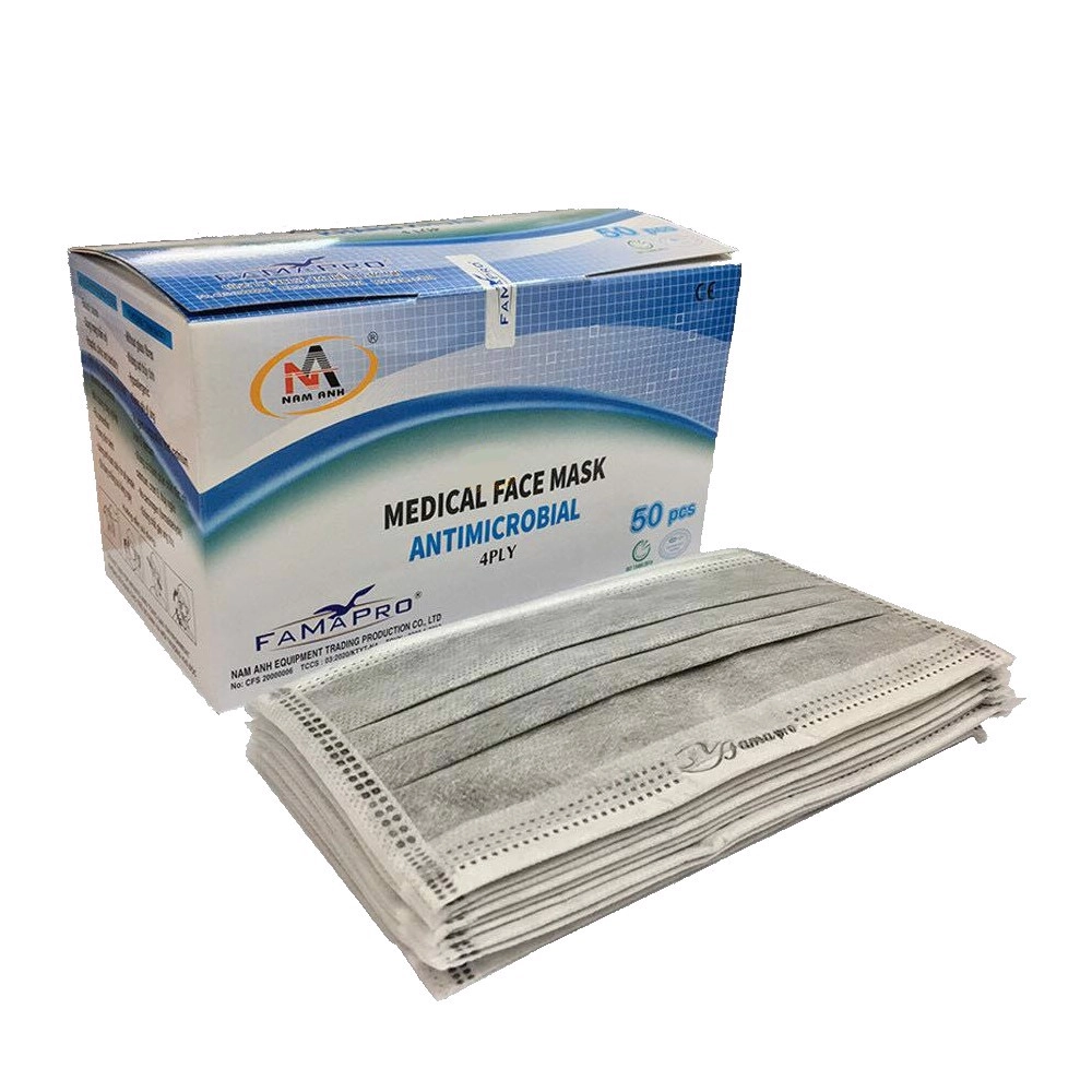 Khẩu trang y tế kháng khuẩn 4 lớp Nam Anh Famapro (xám) hộp 50 cái