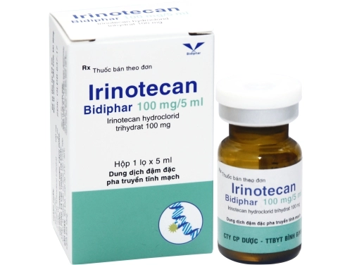 Điều trị cho những bệnh nhân ung thư biểu mô đại trực tràng tiến triển Irinotecan Bidiphar 100mg/5ml hộp 01 lọ x 5ml
