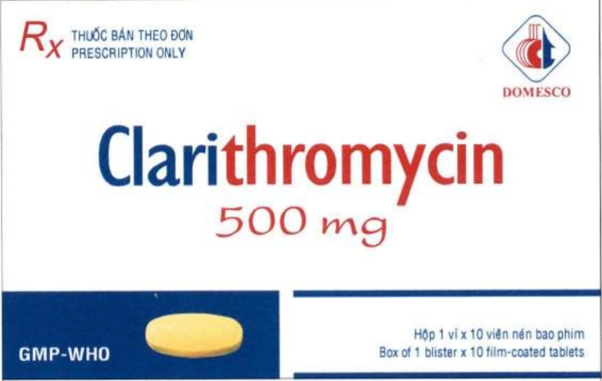 Thuốc kháng sinh CLARITHROMYCIN 500 mg DOMESCO hộp 1 vỉ x 10 viên