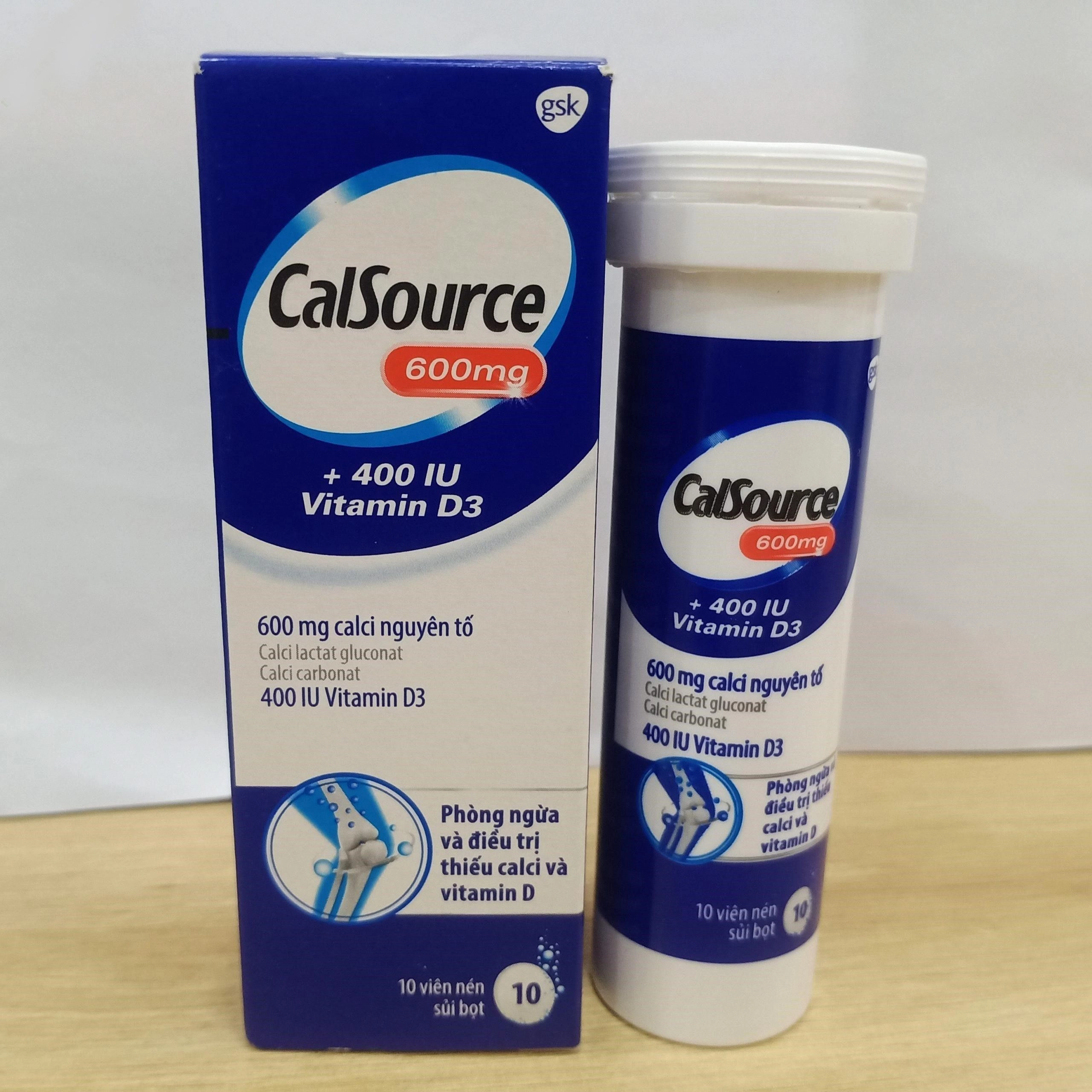 Viên sủi CalSource 600mg + 400 IU Vitamin D3 hộp 1 tuýp 10 viên