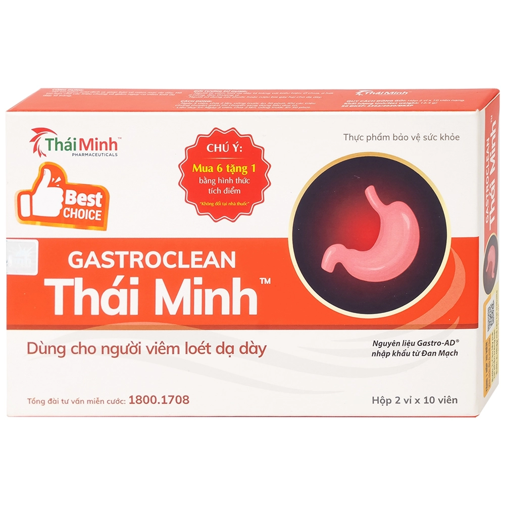Dùng cho người viêm loét dạ dày Gastroclean Thái Minh hộp 2 vỉ x 10 viên