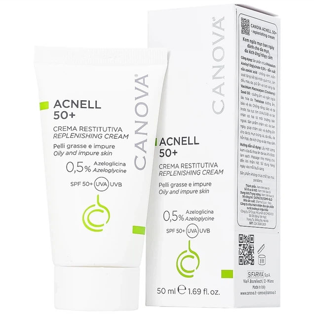 Kem ngừa mụn ban ngày, giúp chăm sóc và dưỡng ẩm cho da bị mụn, da kích ứng và da nhạy cảm Canova Acnell 50+ hộp 1 tuýp 50ml