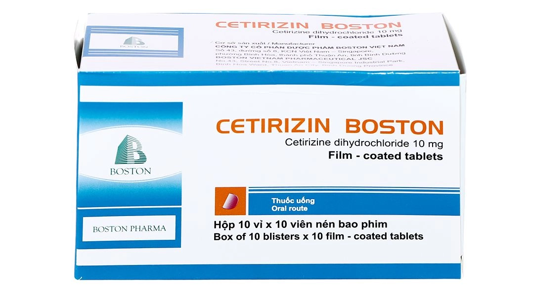 Thuốc chống dị ứng Cetirizin Boston hộp 10 vỉ x 10 viên nén bao phim
