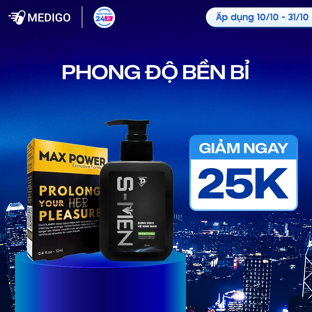 [MUA 2 GIẢM 25K] Combo Chai xịt kéo dài Max Power Oleo Lampo hộp 1 chai 12ml + Dung dịch vệ sinh nam giới S-Men hộp 1 chai 150ml