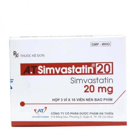 Thuốc hạ cholessterol máu A.T Simvastatin 20 hộp 3 vỉ x 10 viên nén bao phim