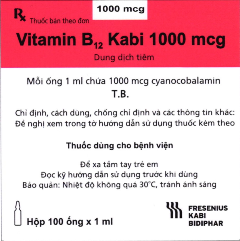 Thuốc tác dụng đối với máu Vitamin B12 Kabi 1000mcg hộp 100 ống x 1ml