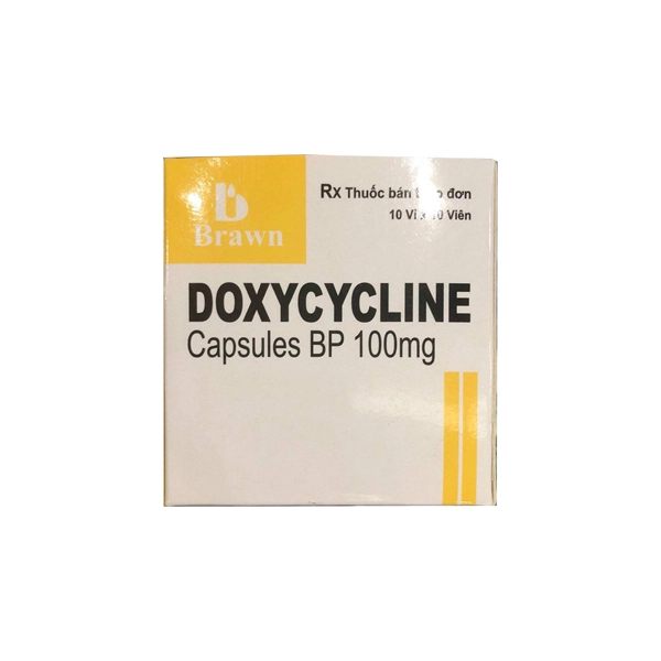 Thuốc kháng sinh Doxycycline capsules BP 100mg Brawn hộp 10 vỉ x 10 viên