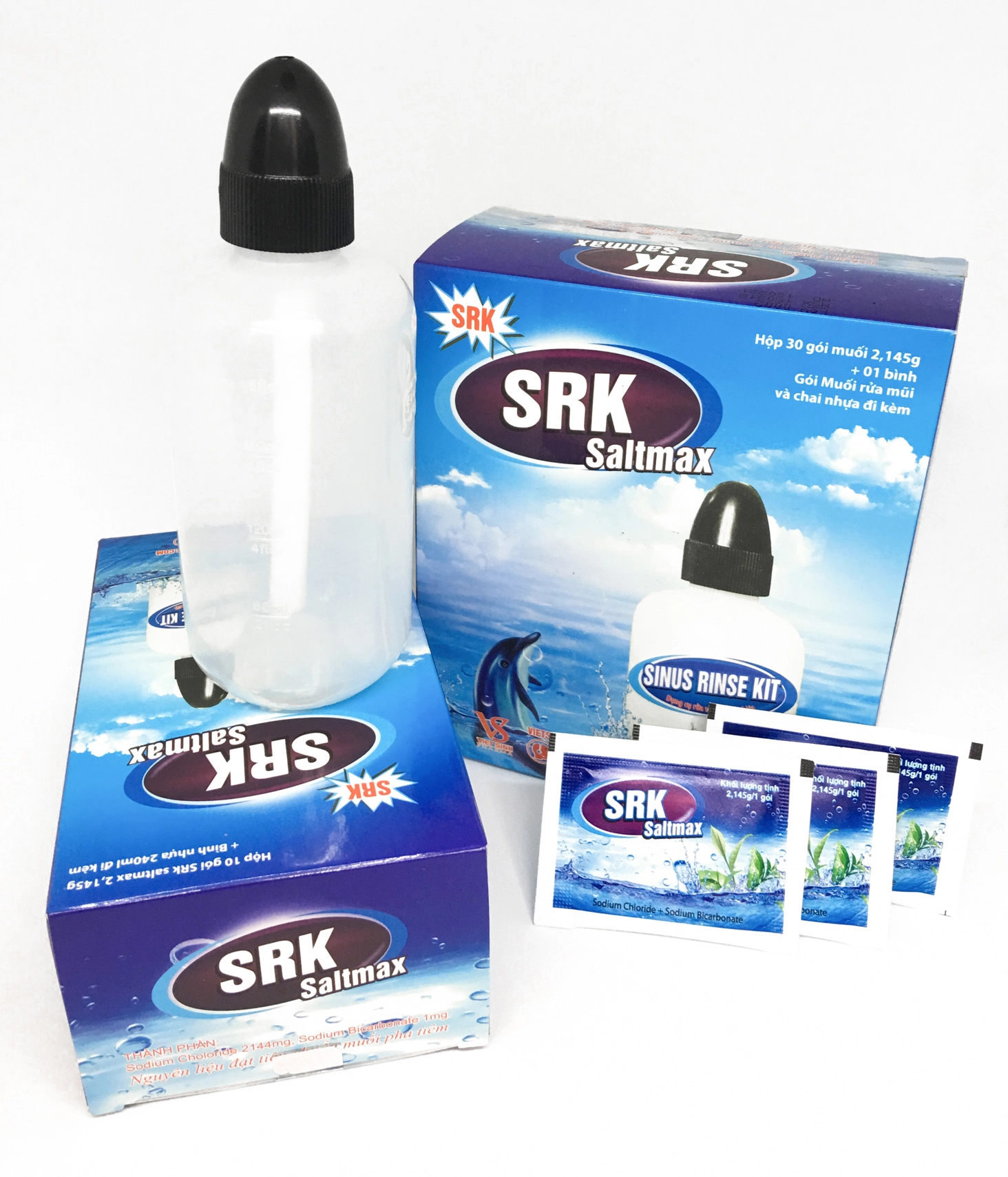 Hộp SRK Saltmax gồm 1 bình rửa 240 ml + 30 gói muối