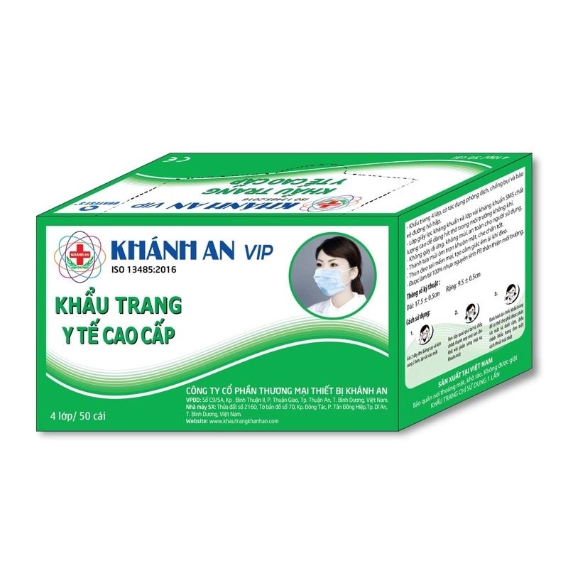 Khẩu trang y tế cao cấp Khánh An VIP (xanh) hộp 50 cái