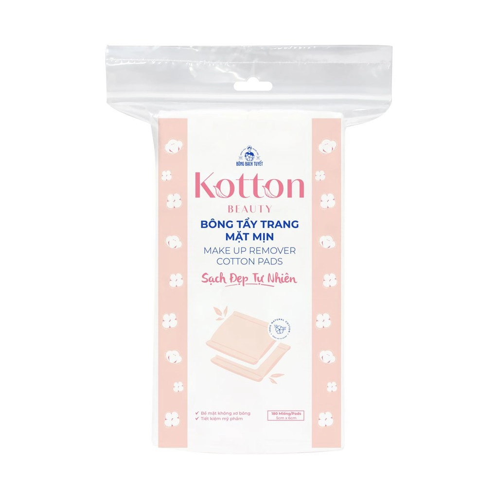 Bông tẩy trang mặt mịn Kotton Beauty Bông Bạch Tuyết gói 180 miếng 5cm x 6cm