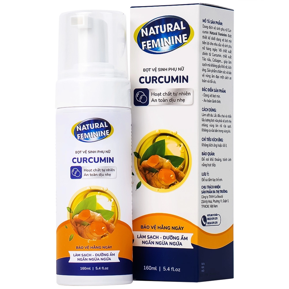Làm sạch, dưỡng ẩm, ngăn ngừa ngứa bọt vệ sinh phụ nữ Curcumin Natural Feminine hộp 1 chai x 160ml
