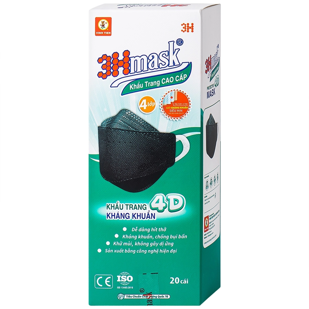 Khẩu trang 4D kháng khuẩn màu đen 3Hmask Vĩnh Tiến hộp 20 cái